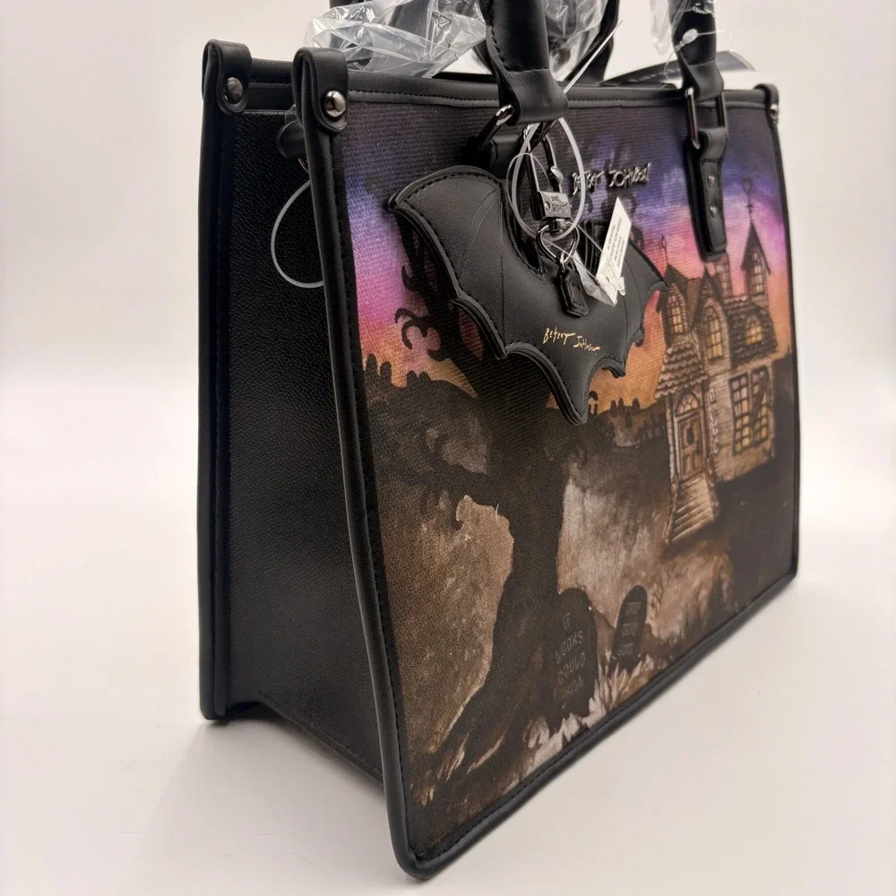 Betsey Johnson Haunted House Tote Bag Bat Charm Halloween Satchel Crossbody NEW